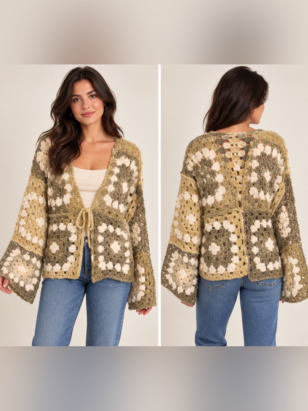 Dreams By Debut Boho Crochet Patchwork Cardigan Sweater - Olive & Cream